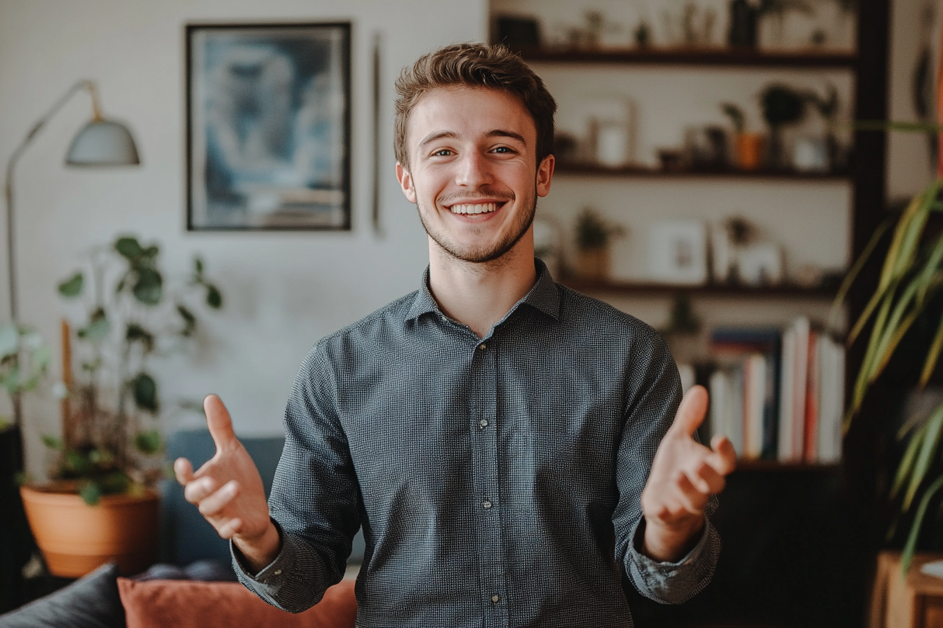 A man smiling while holding out his hands | Source: Midjourney