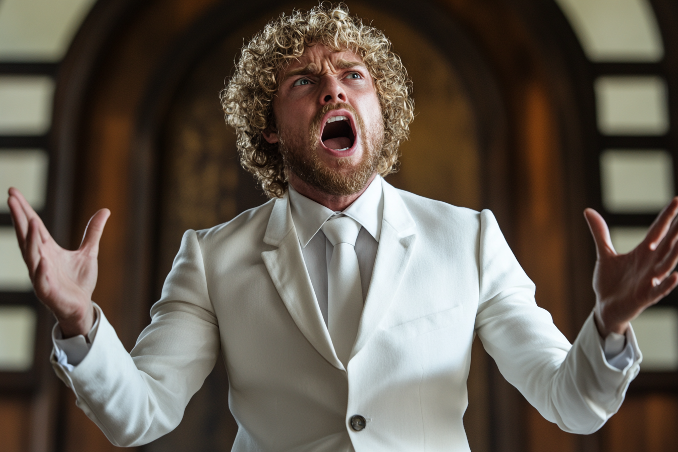 A man in a white suit yelling in a church | Source: Midjourney