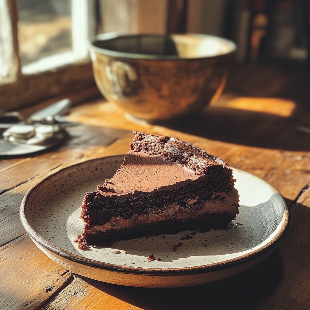 A slice of chocolate cake | Source: Midjourney