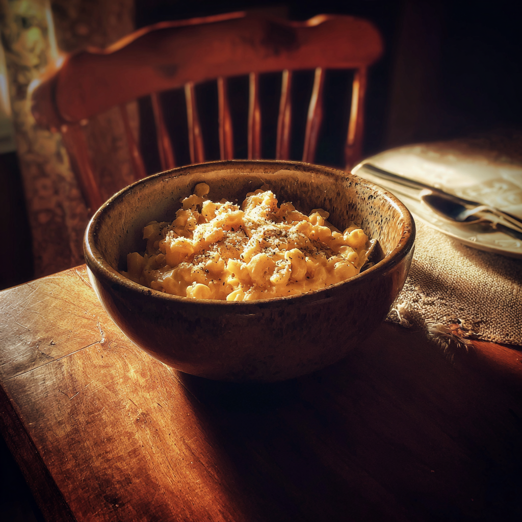 A bowl of mac and cheese on a table | Source: Midjourney
