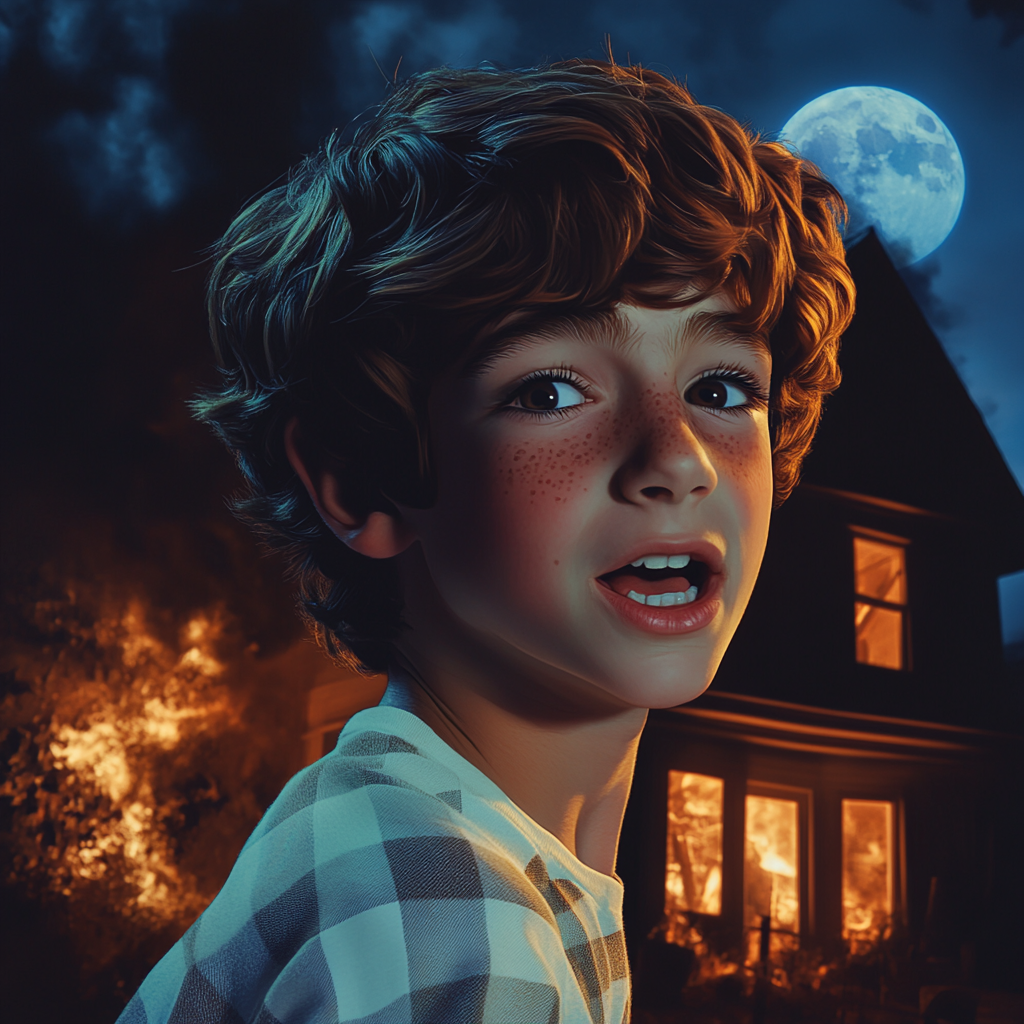 A startled boy running toward a burning house | Source: Midjourney