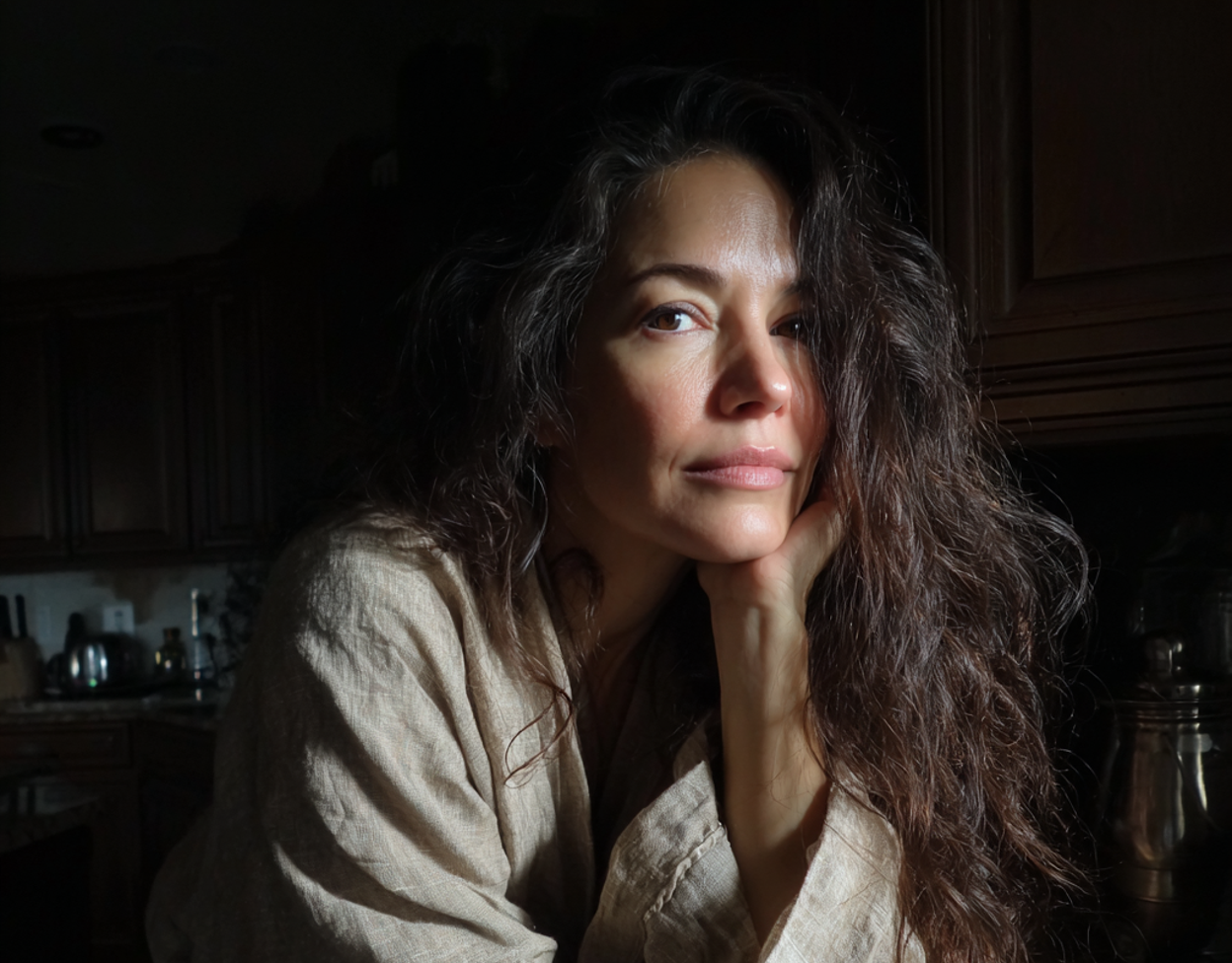 A woman leaning against a kitchen counter | Source: Midjourney