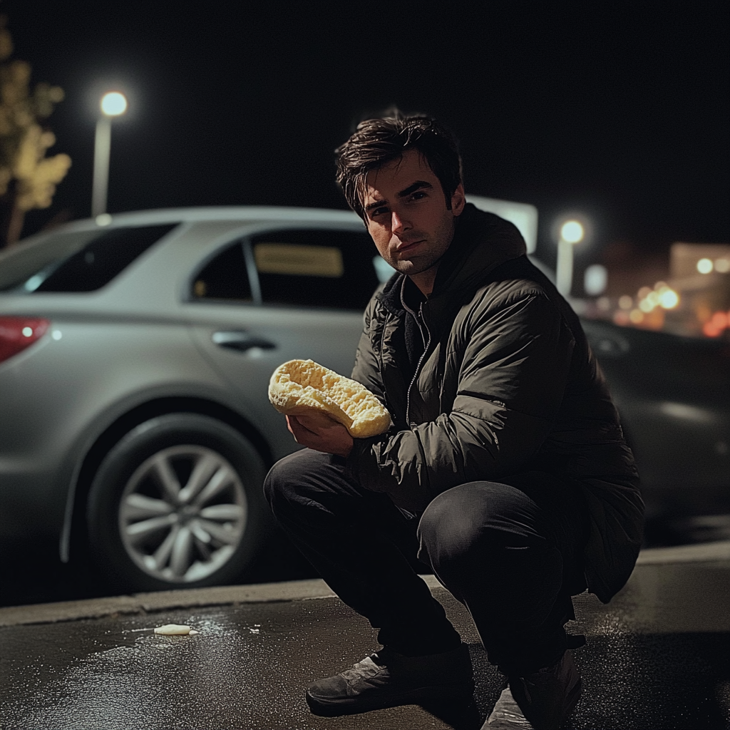 A man kneeling in front of a car | Source: Midjourney