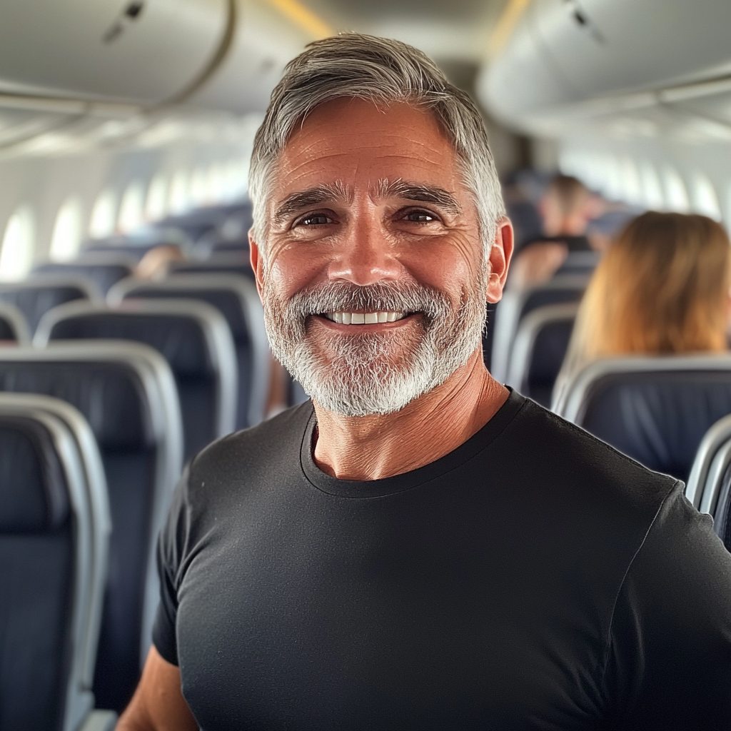 Flight Attendant Woke Me Up & Told Me to Check My Husband's Bag While He Was Away — I Never Expected What I Found 8 A smiling man in an airplane | Source: Midjourney
