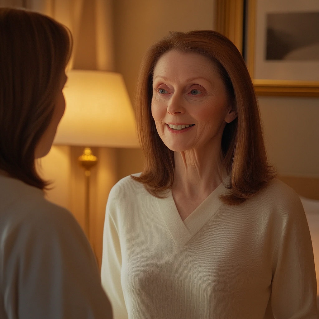 A woman talking to her daughter-in-law in a hotel room | Source: Midjourney