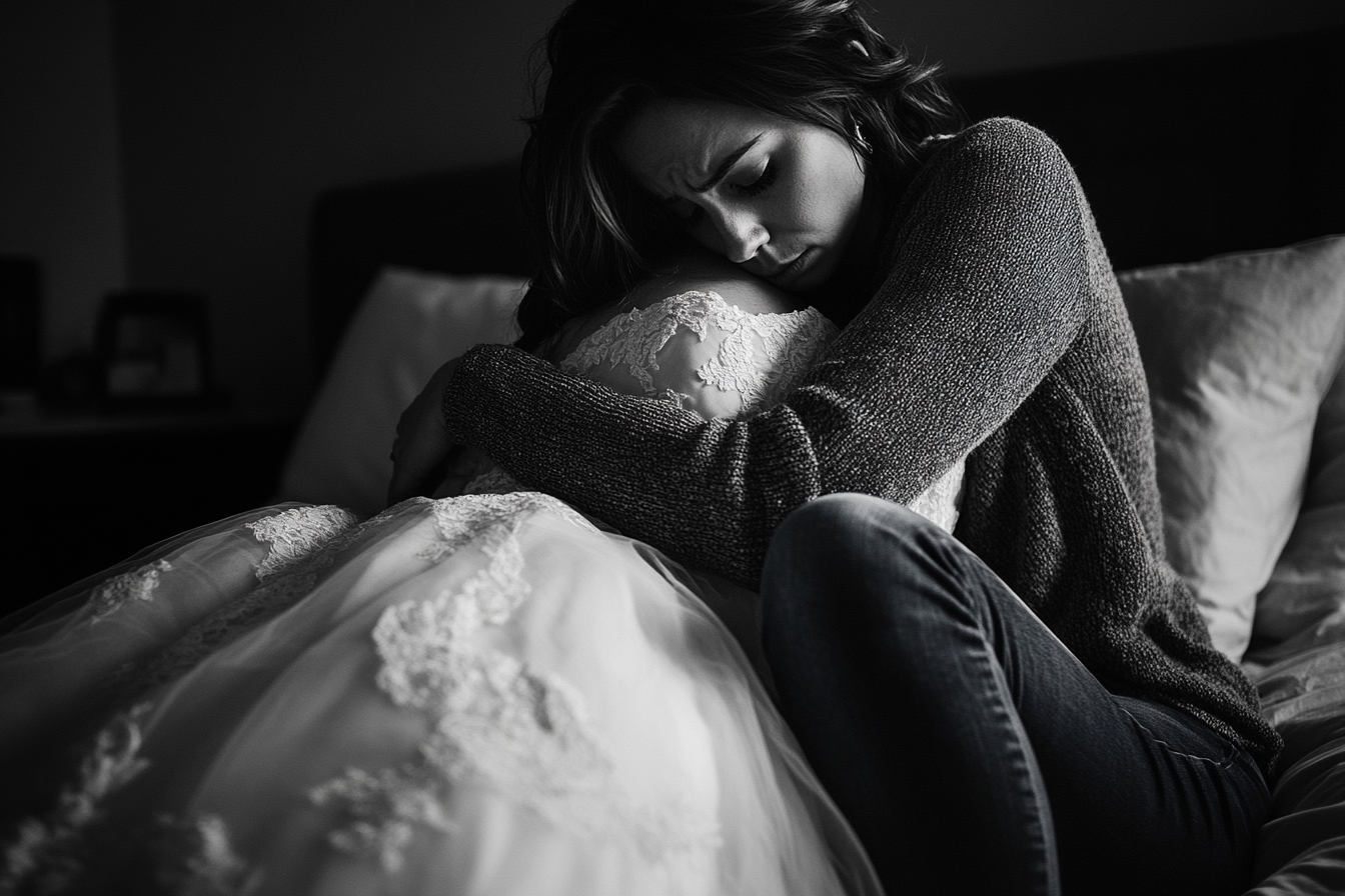 A sad woman clutching a wedding dress | Source: Midjourney