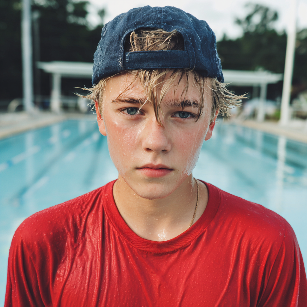 A concerned teenage boy standing in wet clothes | Source: Midjourney