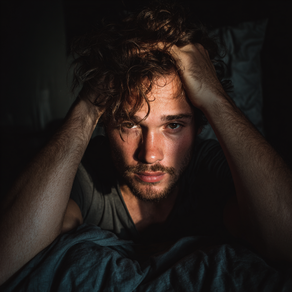 An upset man sitting in his bed | Source: Midjourney