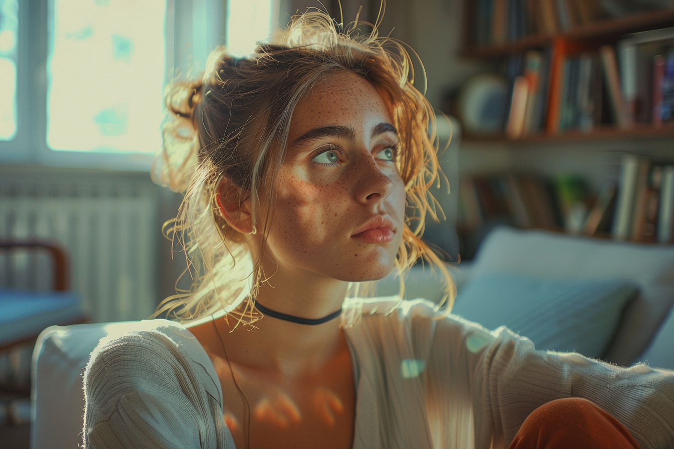 A woman sitting in her living room | Source: Midjourney