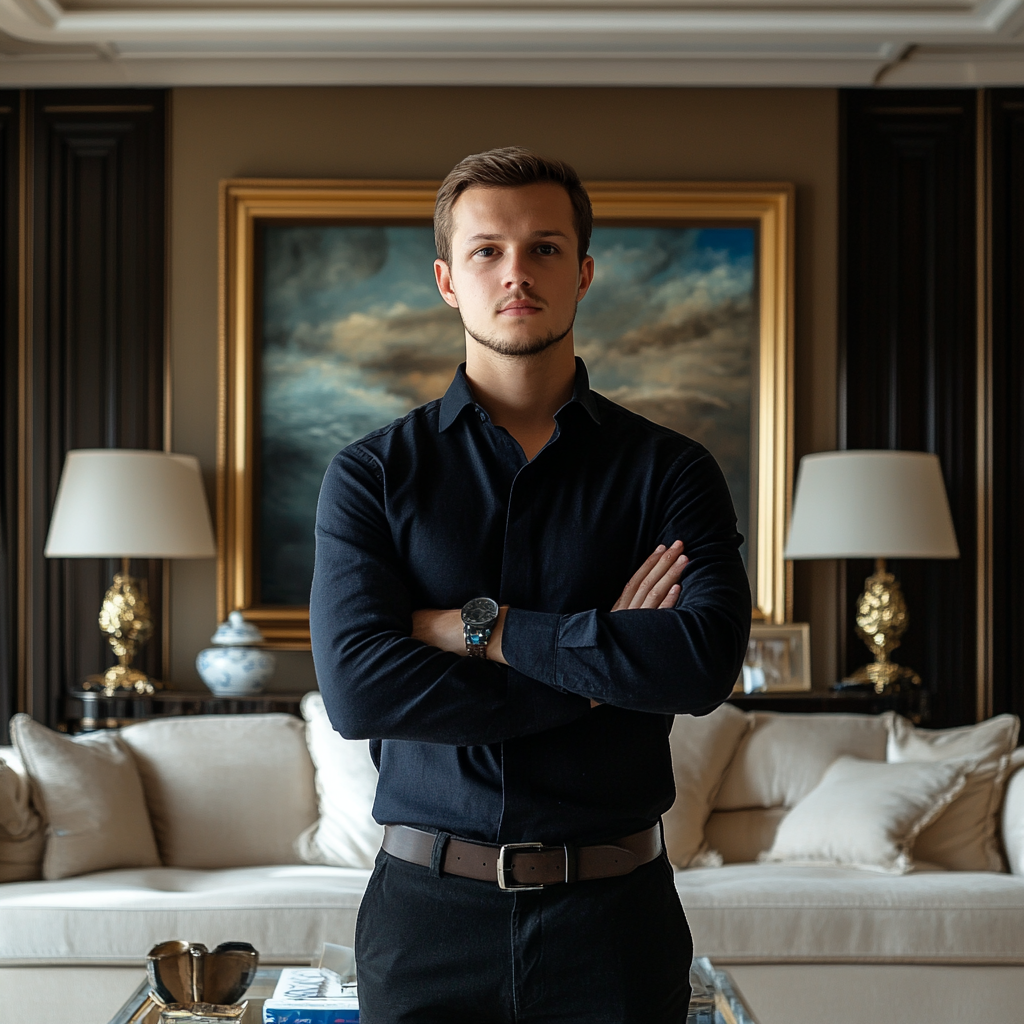 Serious man standing in a luxurious living room with crossed arms | Source: Midjourney