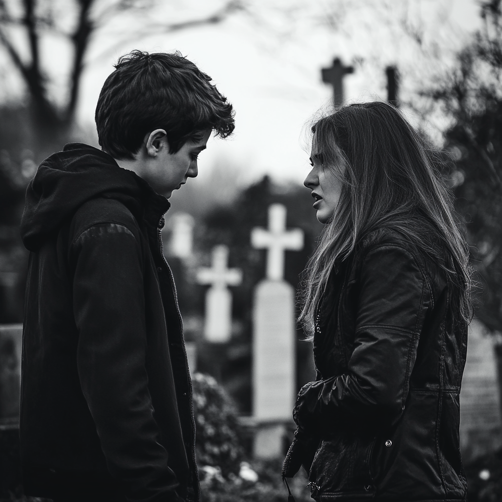 A woman talking to a boy at a cemetery | Source: Midjourney