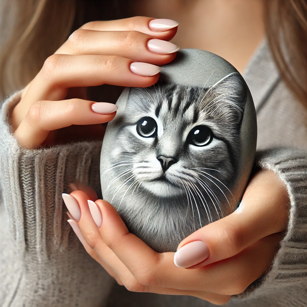 A woman holding a stone with a cat's face painted on it | Source: DALL-E