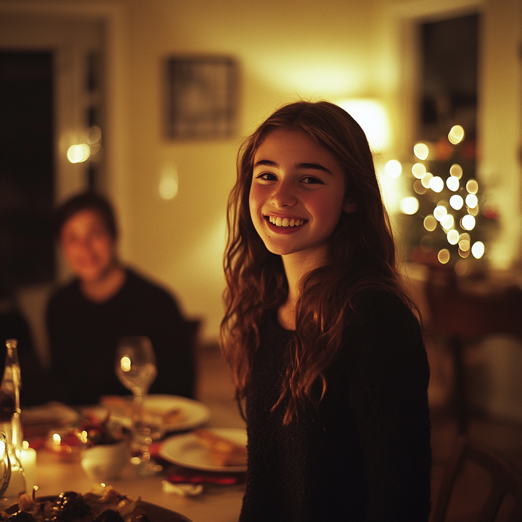 A woman standing up to talk at a dinner table | Source: Midjourney