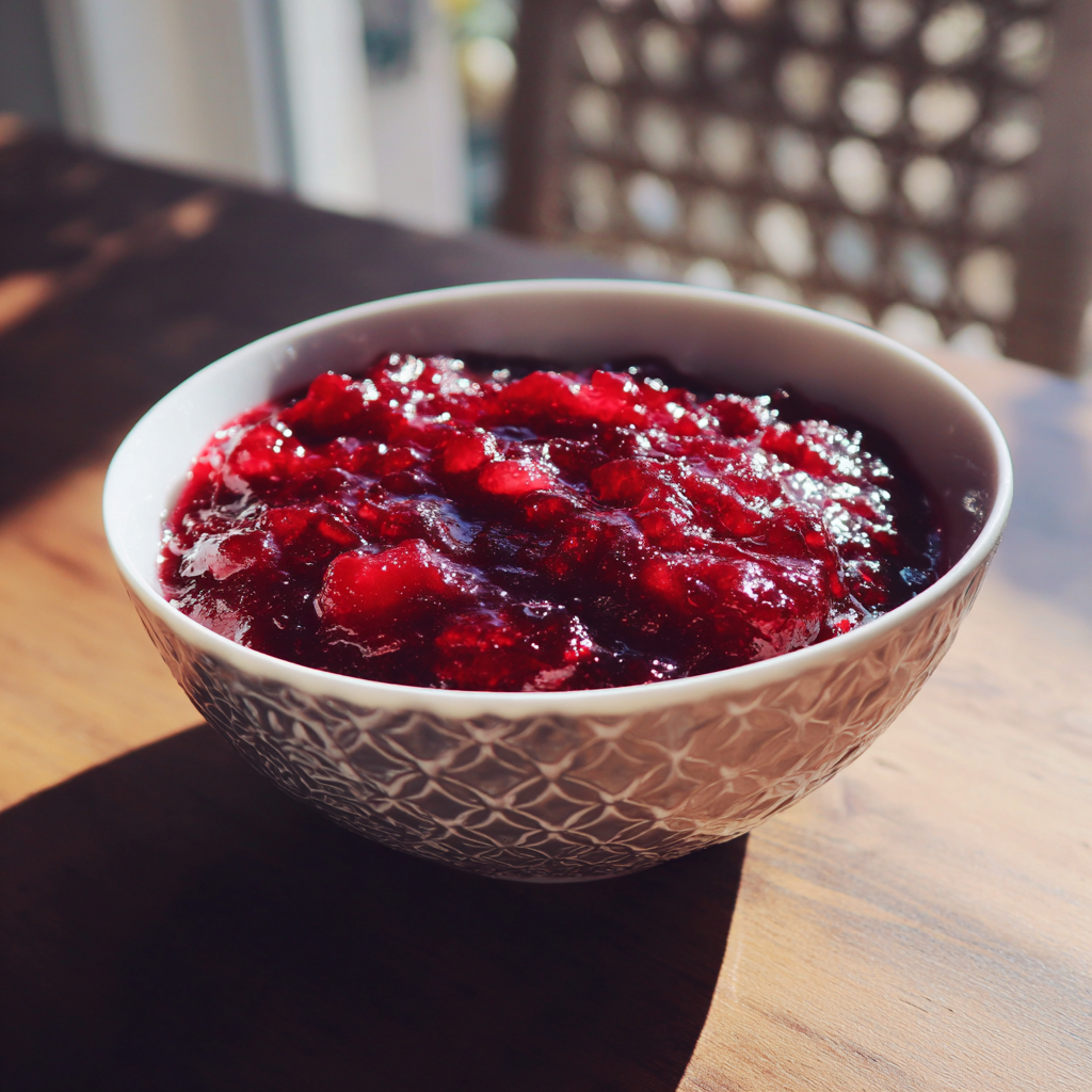 A bowl of bright red cranberry sauce | Source: Midjourney