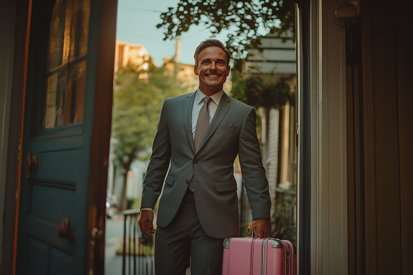 Man in a grey suit on a porch with a pink suitcase | Source: Midjourney