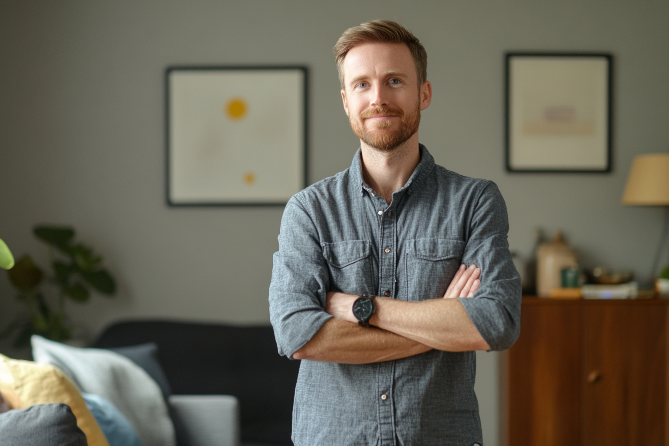 A smiling man in a living room | Source: Midjourney