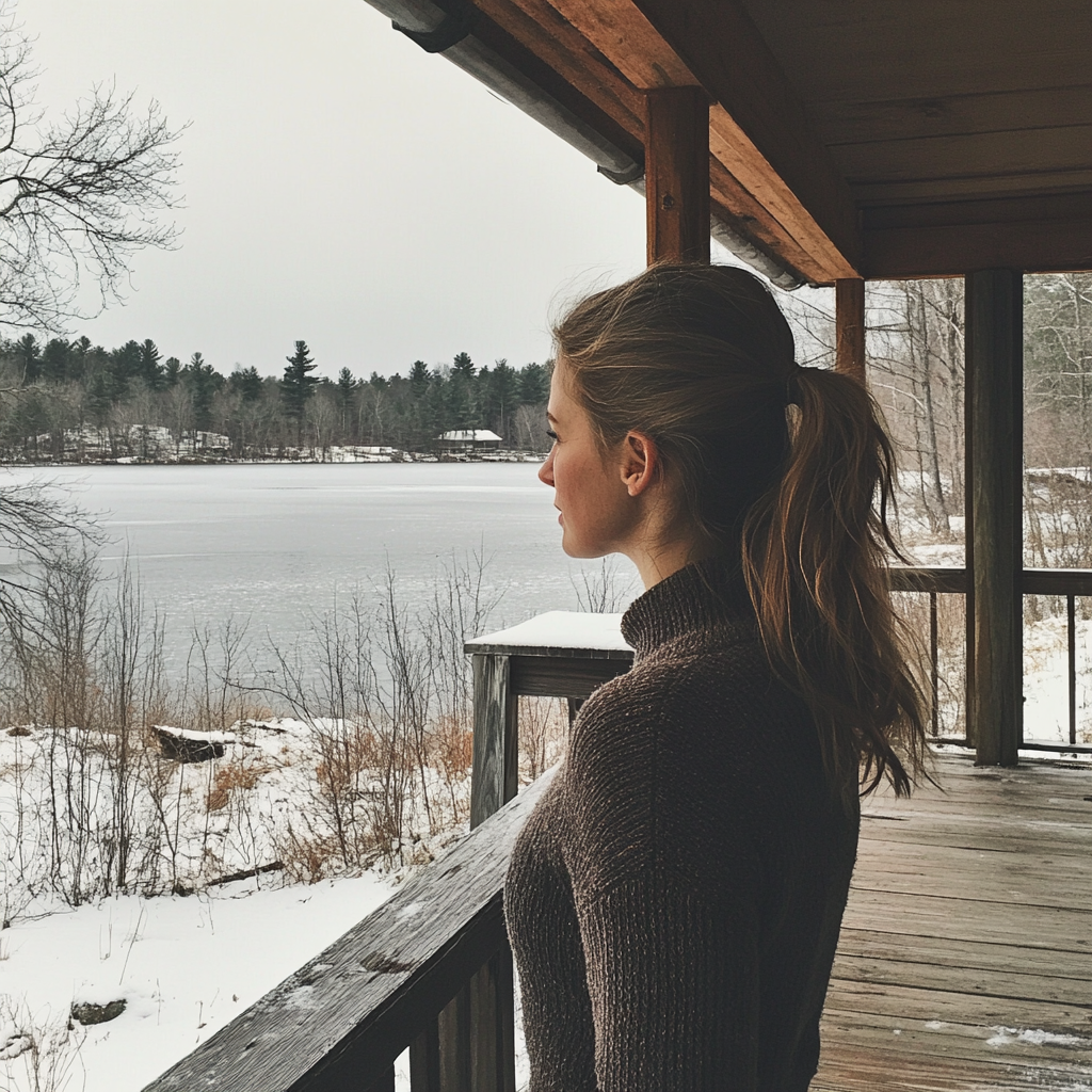 A woman standing on a porch | Source: Midjourney