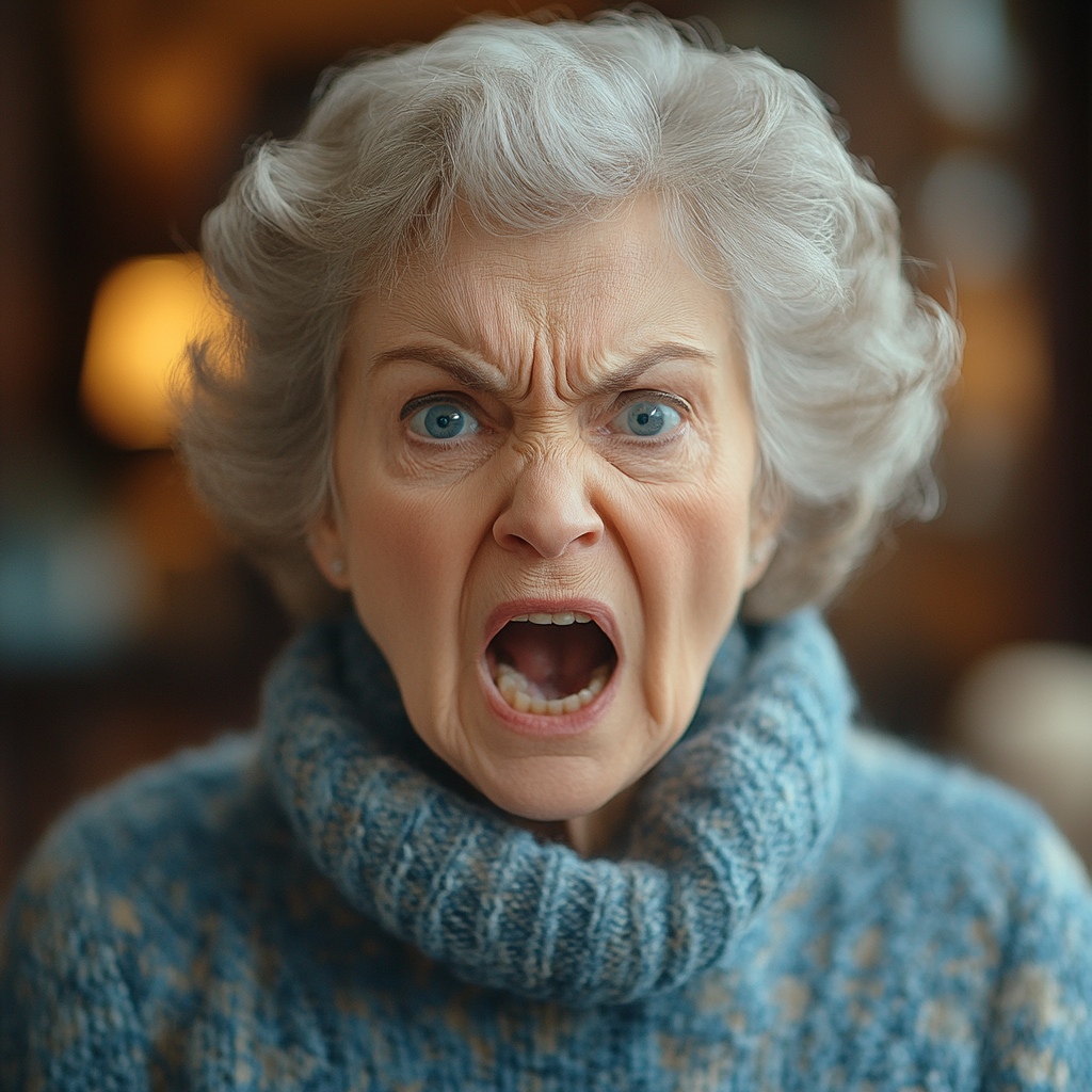 An angry elderly woman in her living room | Source: Midjourney