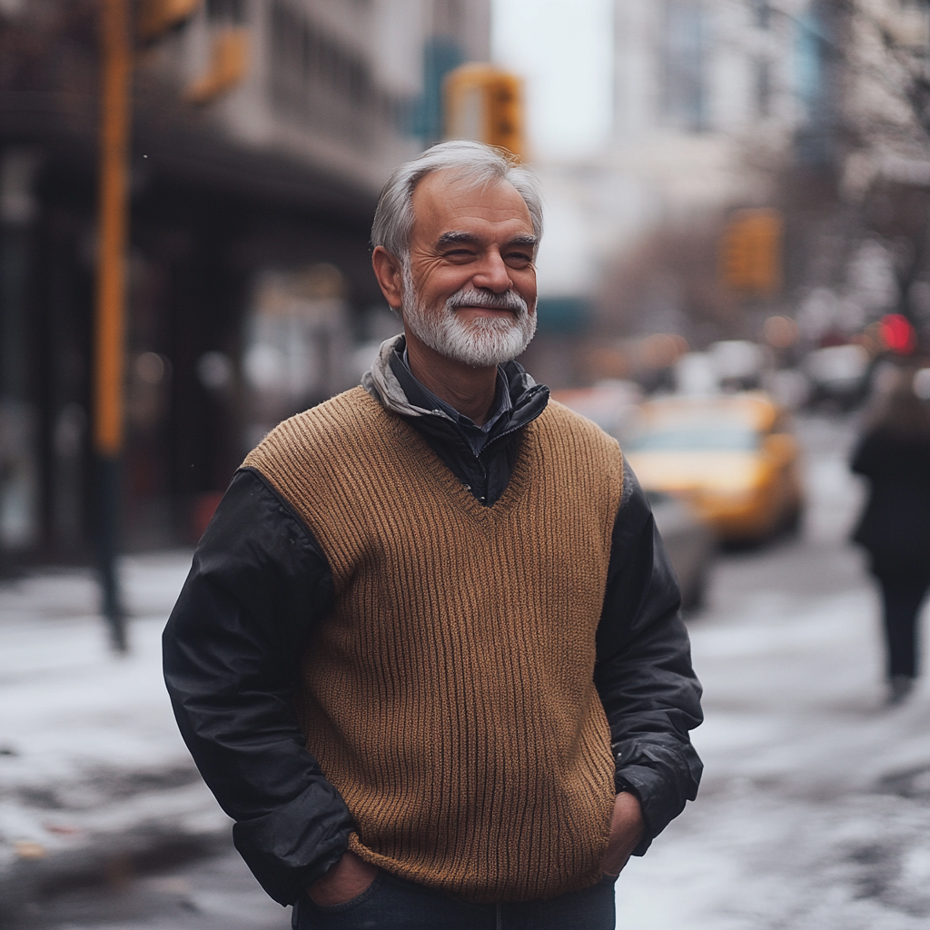 An old man smiles while standing on the street and looking at someone | Source: Midjourney