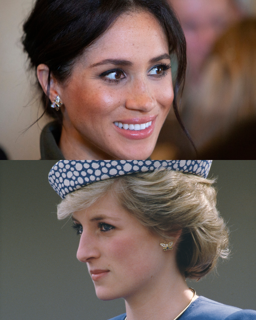 Meghan, Duchess of Sussex, at Admiralty House in Sydney, Australia, on October 16, 2018 (top); Diana, Princess of Wales, in Prince George, British Columbia, on May 1, 1986 (bottom). | Source: Getty Images