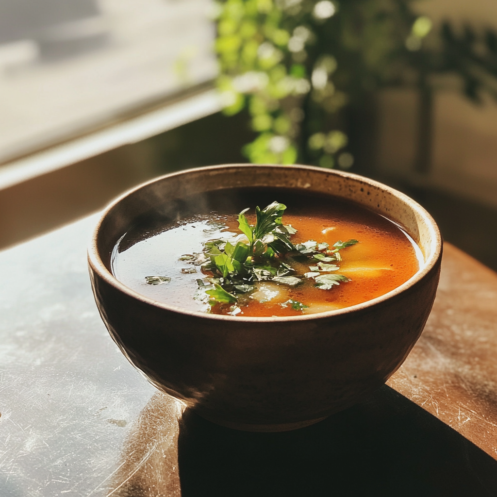 A bowl of soup on a table | Source: Midjourney