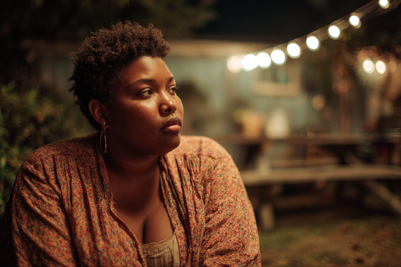 A woman glancing at someone in a backyard | Source: Midjourney