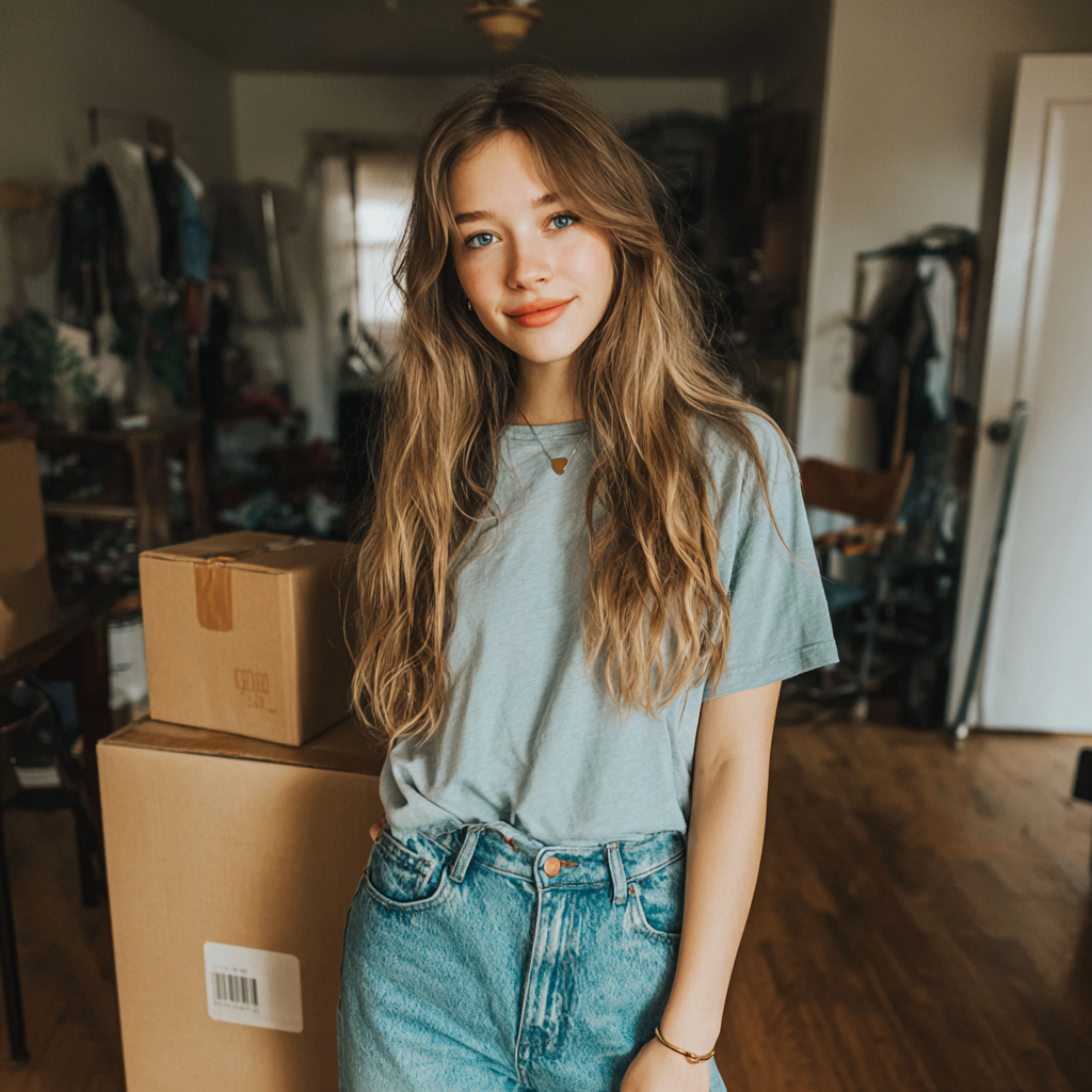 A teenage girl standing in a living room with boxes | Source: Midjourney