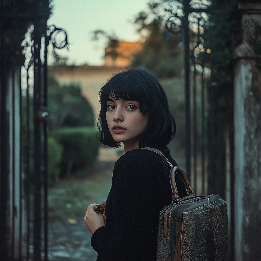 A woman standing in front of an old gate | Source: Midjourney