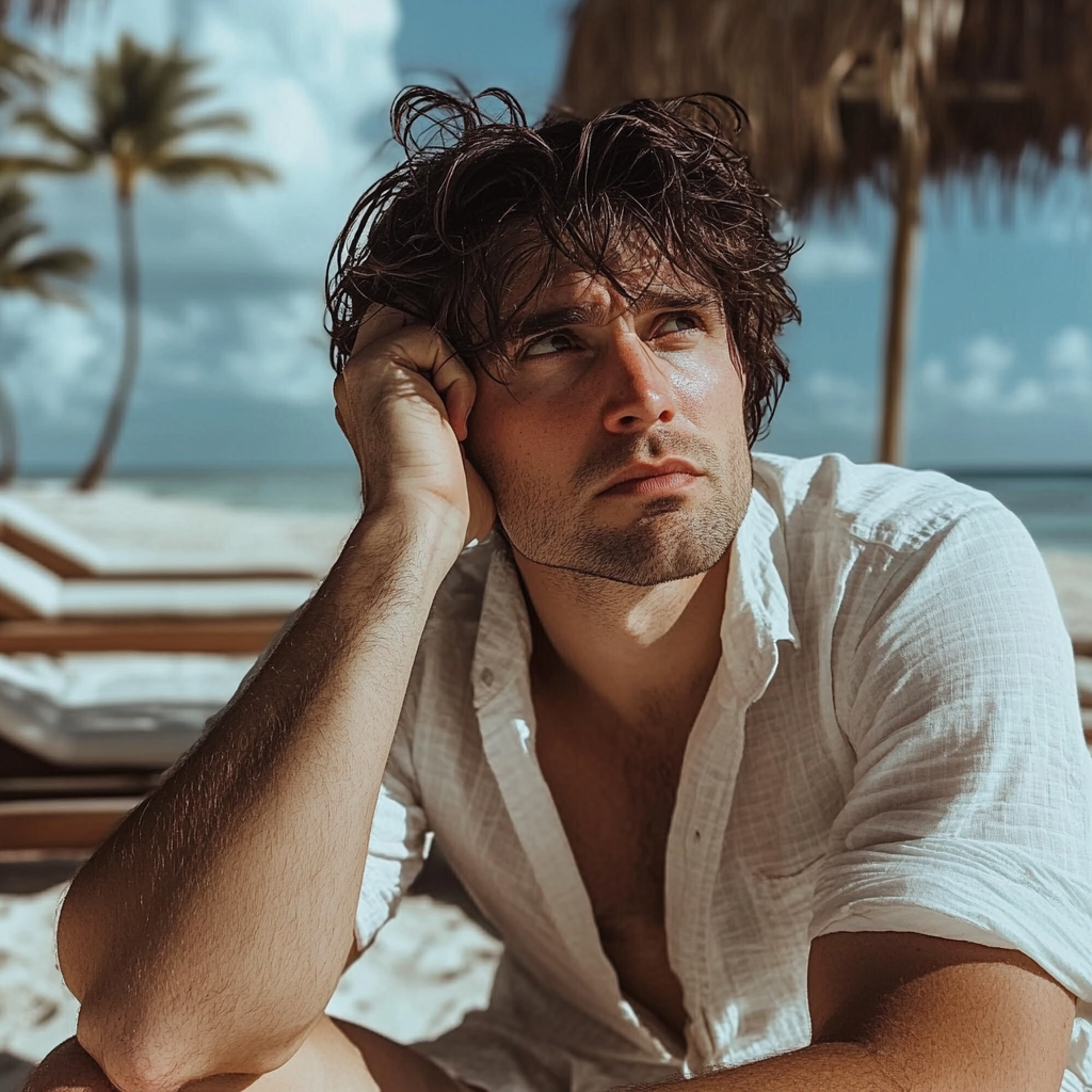 A man sitting on a beach and looking worried | Source: Midjourney