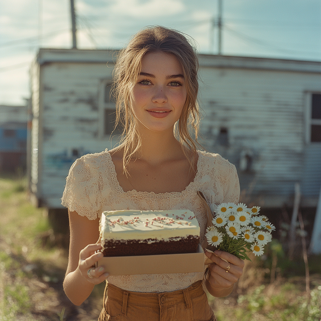 A happy woman standing outside a trailer | Source: Midjourney