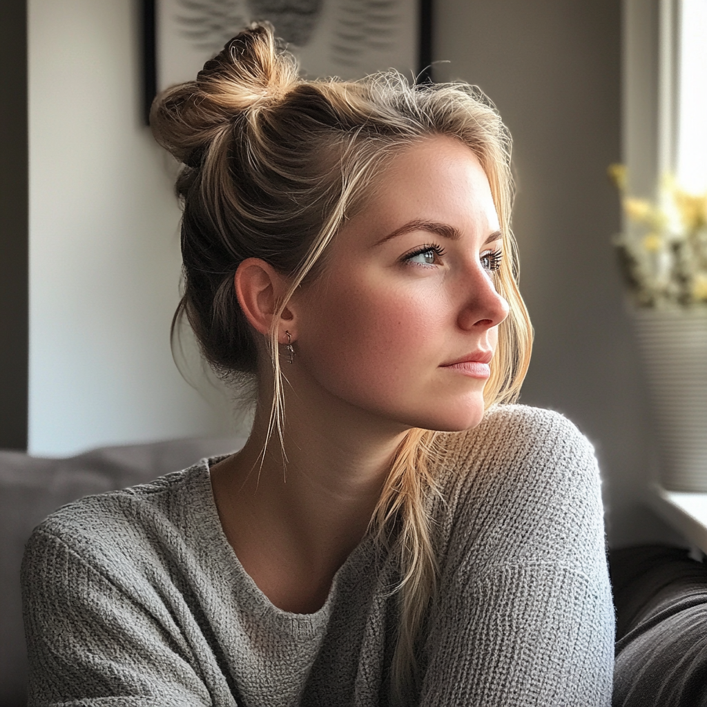 A woman sitting on a couch and looking out of a window | Source: Midjourney