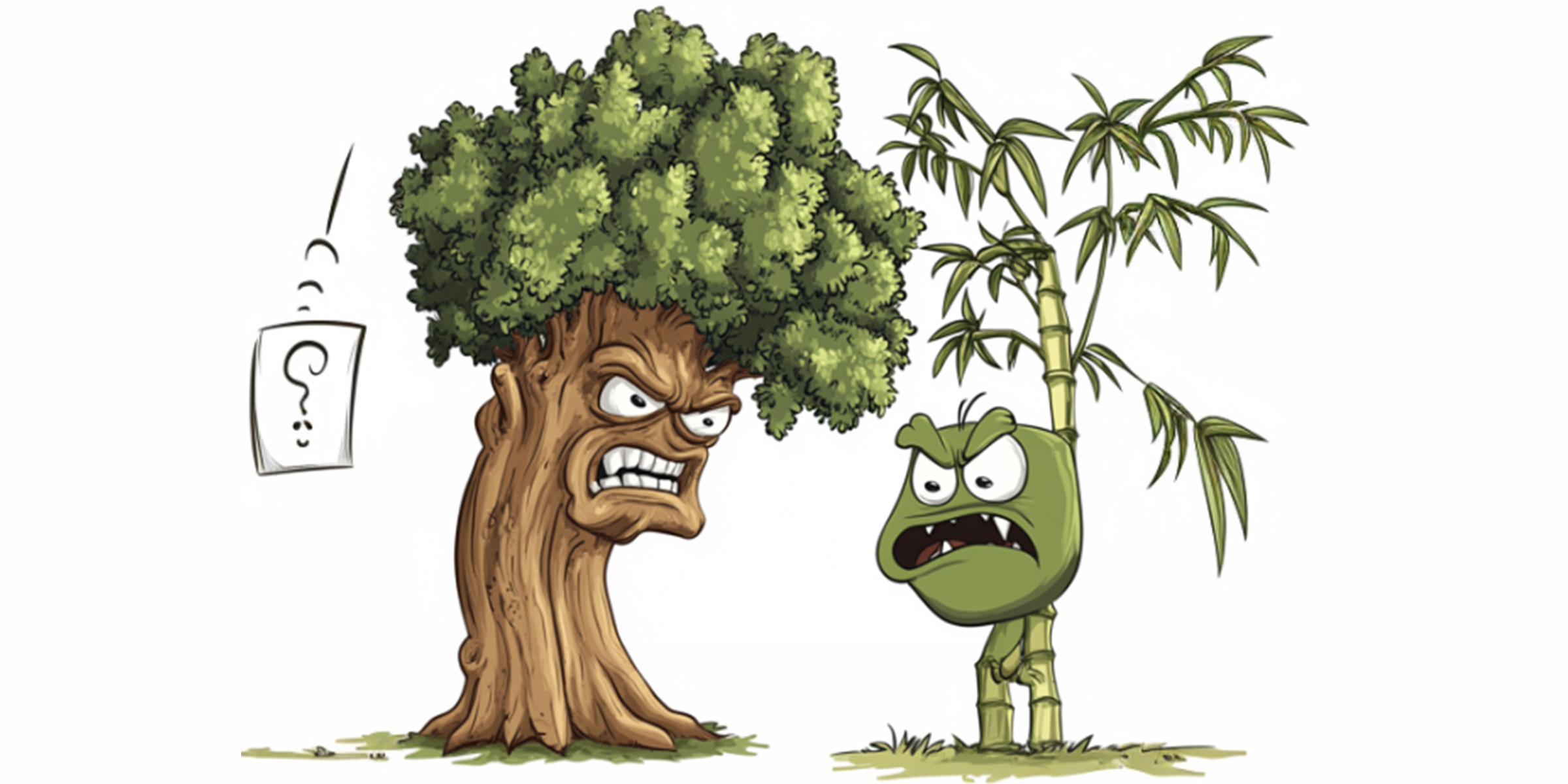 Cartoon of a bamboo arguing with an oak tree | Source: Amomama