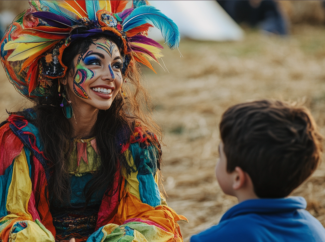 A carnival performer sitting on hay bales speaking to someone | Source: Midjourney