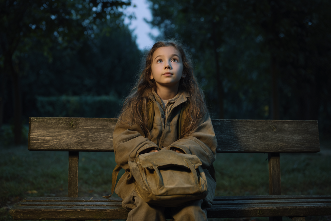 A girl sitting on a park bench, wearing an oversized jacket | Source: Midjourney