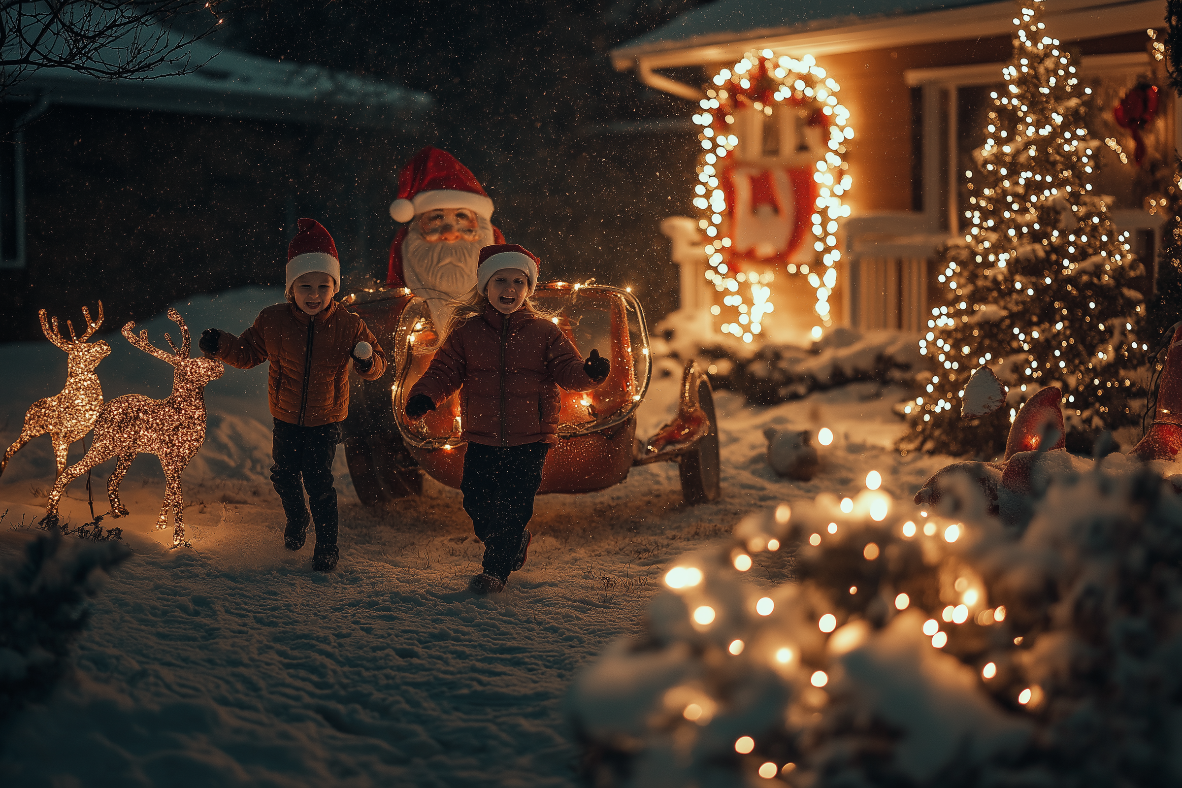 Kids running through a snowy yard with Christmas decorations | Source: Midjourney