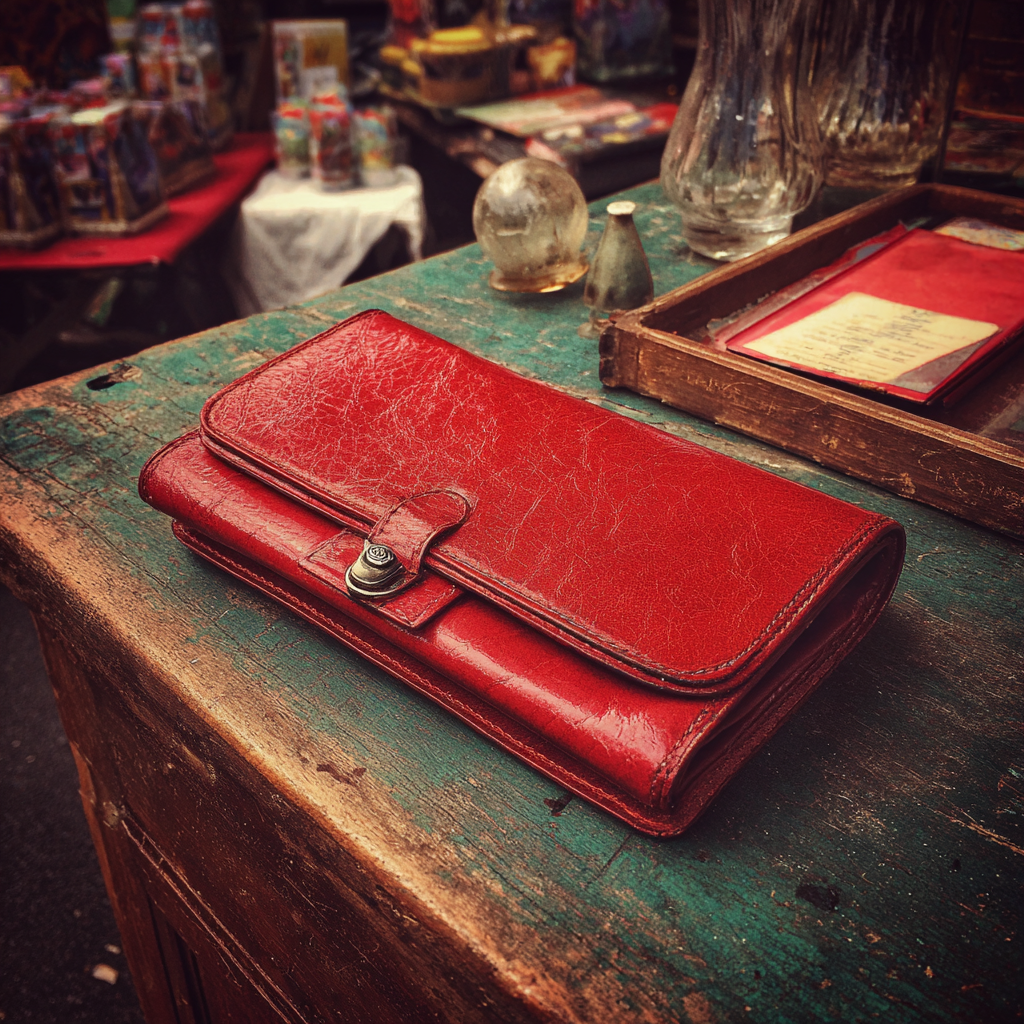 A vintage red leather purse on a wooden table | Source: Midjourney