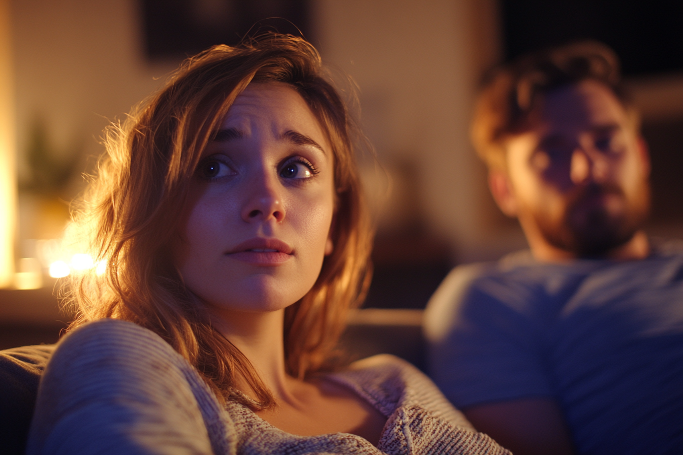 A concerned woman sitting on a sofa with her husband | Source: Midjourney