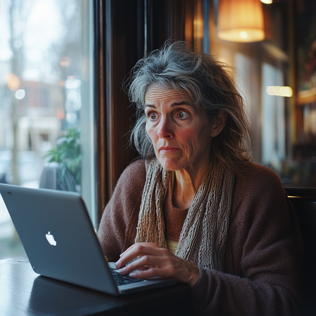 A woman looking at a laptop in a café | Source: Midjourney