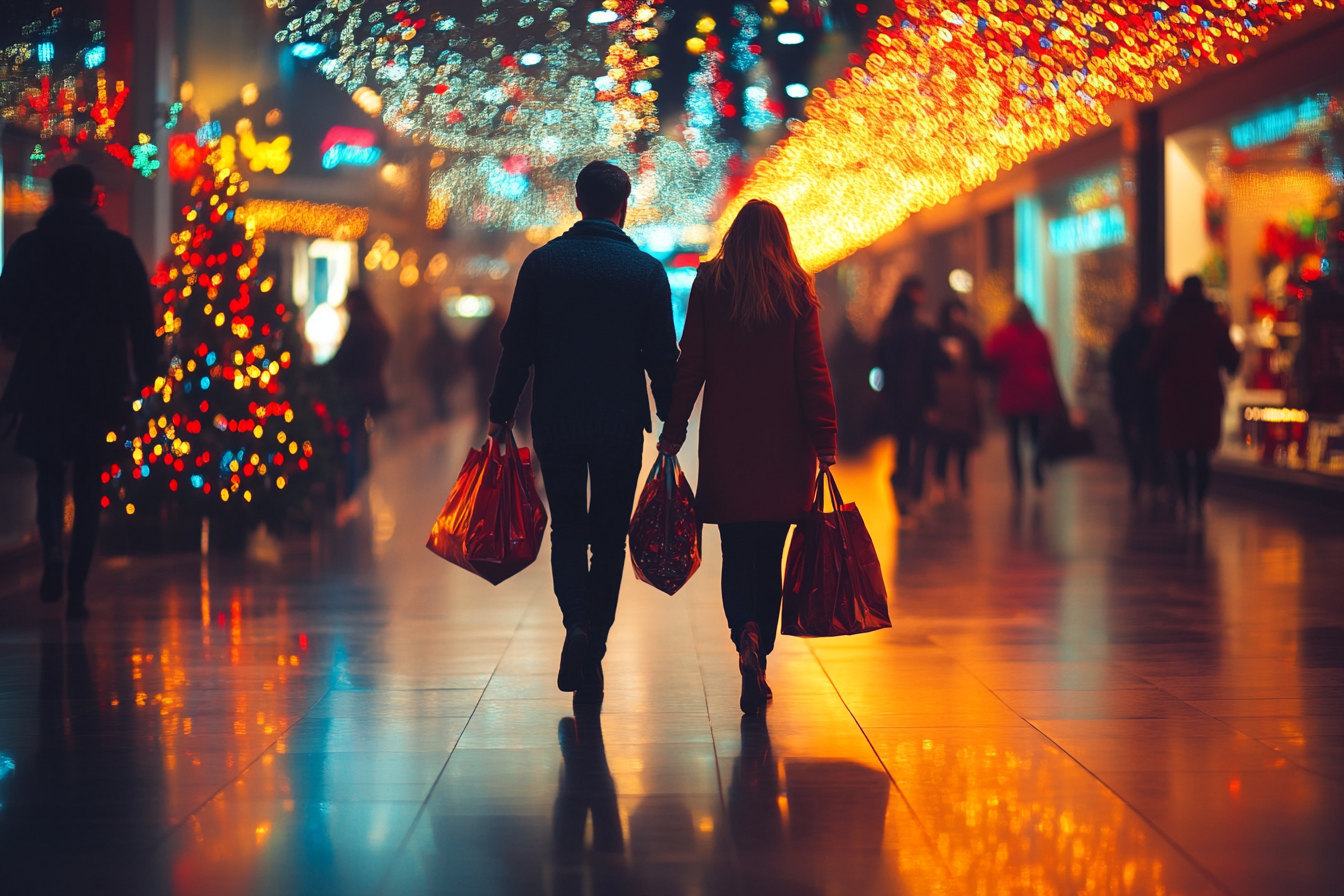 Couple walking in a mall with Christmas shopping bags | Source: Midjourney