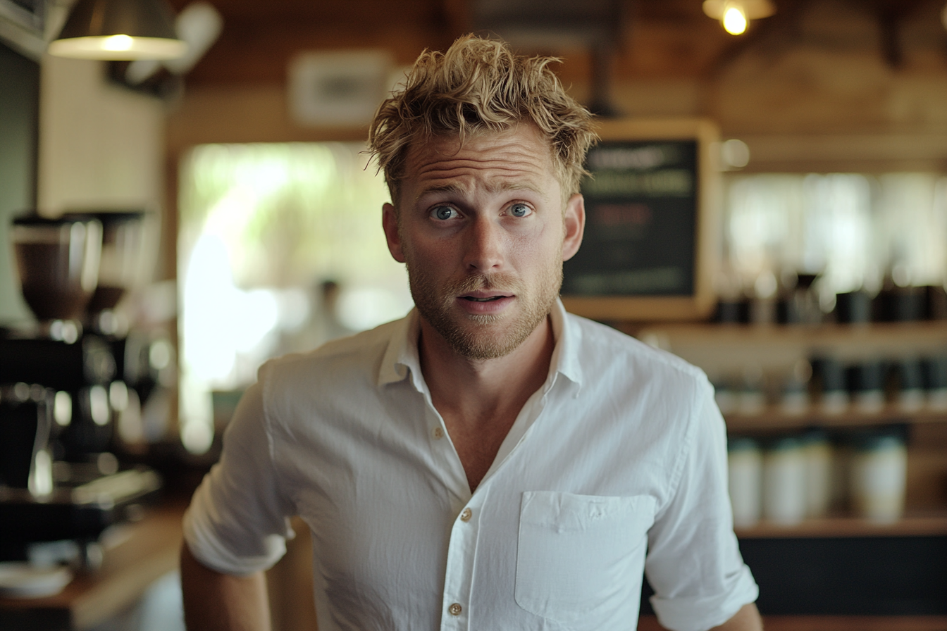 A man with an earnest expression in a coffee shop | Source: Midjourney