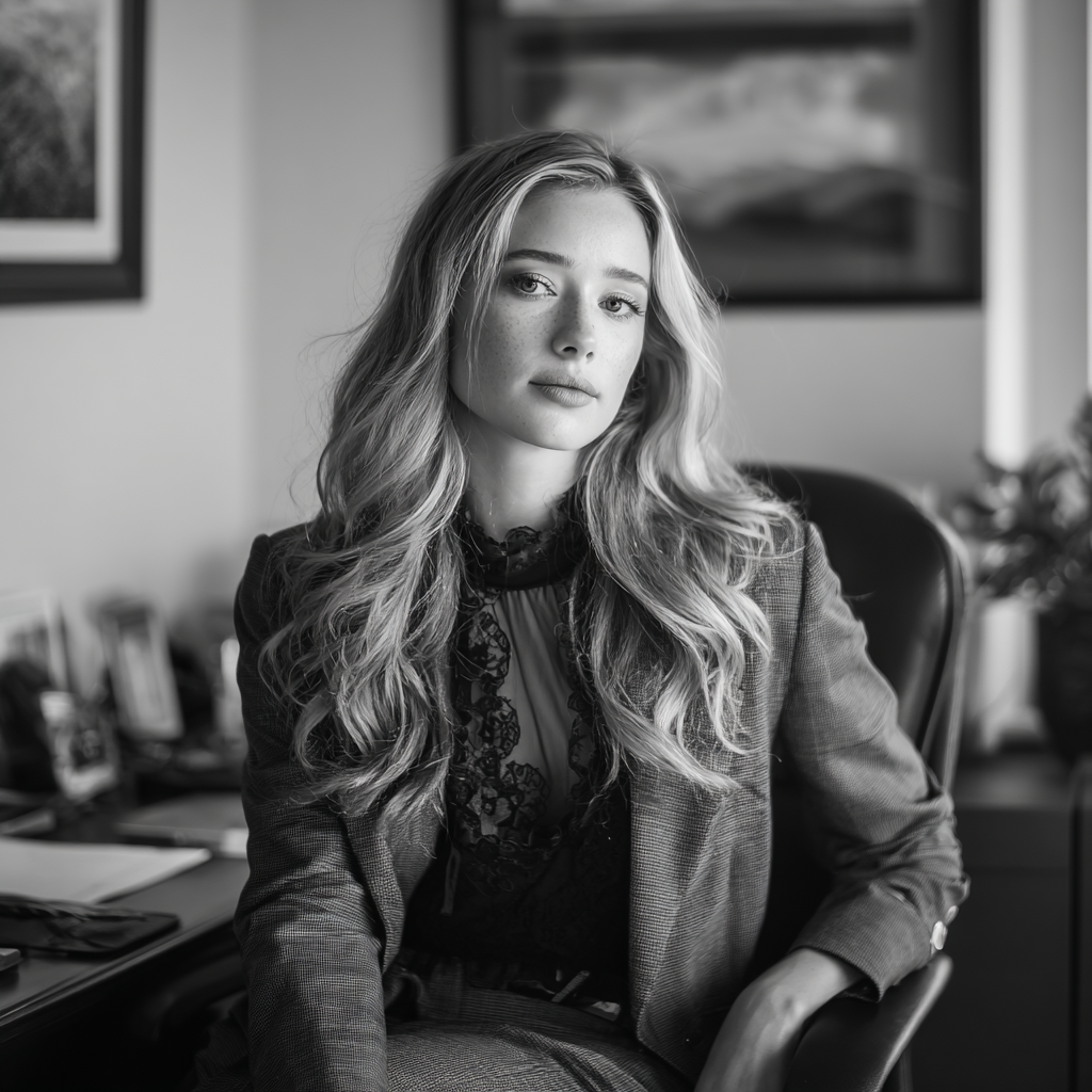 A woman sitting at her desk in a pantsuit | Source: Midjourney