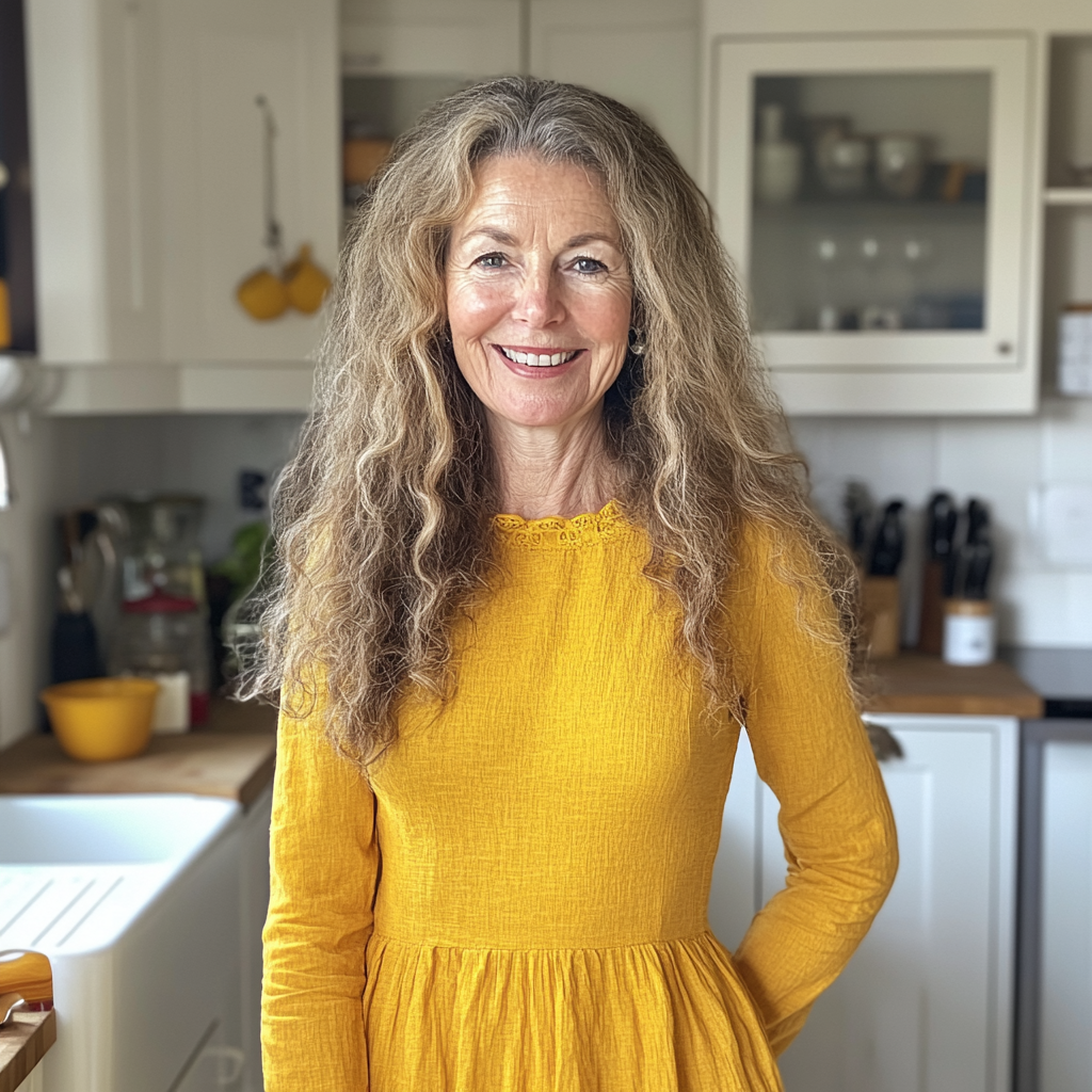A smiling older woman standing in a kitchen | Source: Midjourney