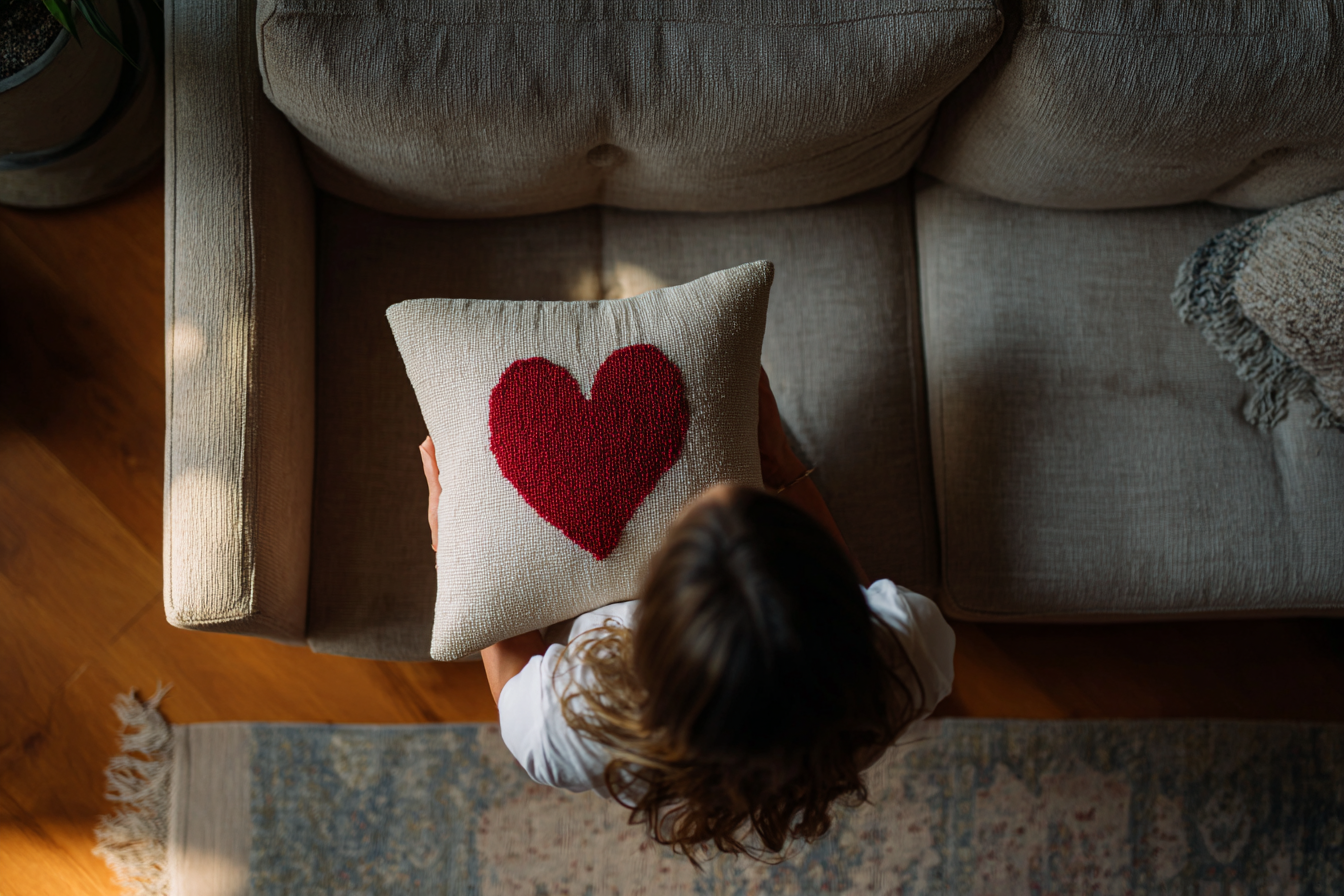 A woman holding a cushion | Source: Midjourney