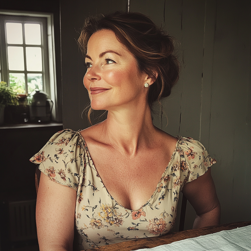 A smiling woman sitting at a table | Source: Midjourney