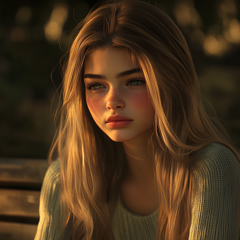 An emotional teenage girl sitting on a wooden bench | Source: Midjourney