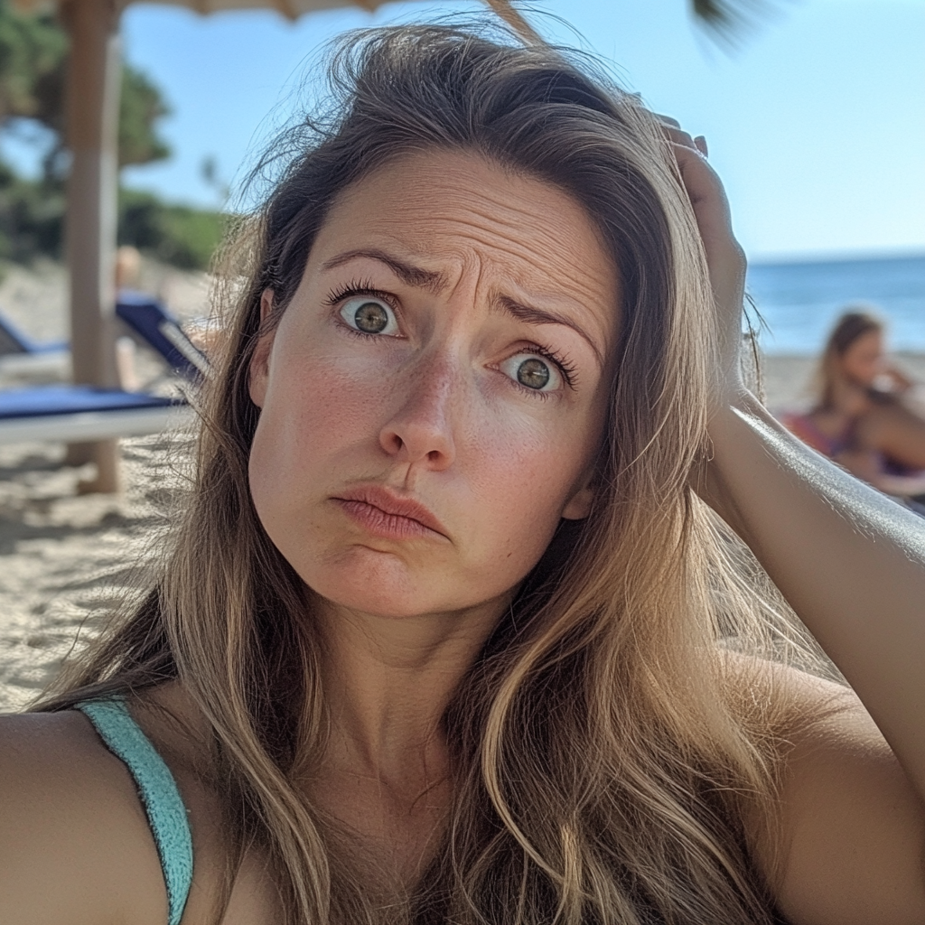 A woman holding her head on a beach | Source: Midjourney