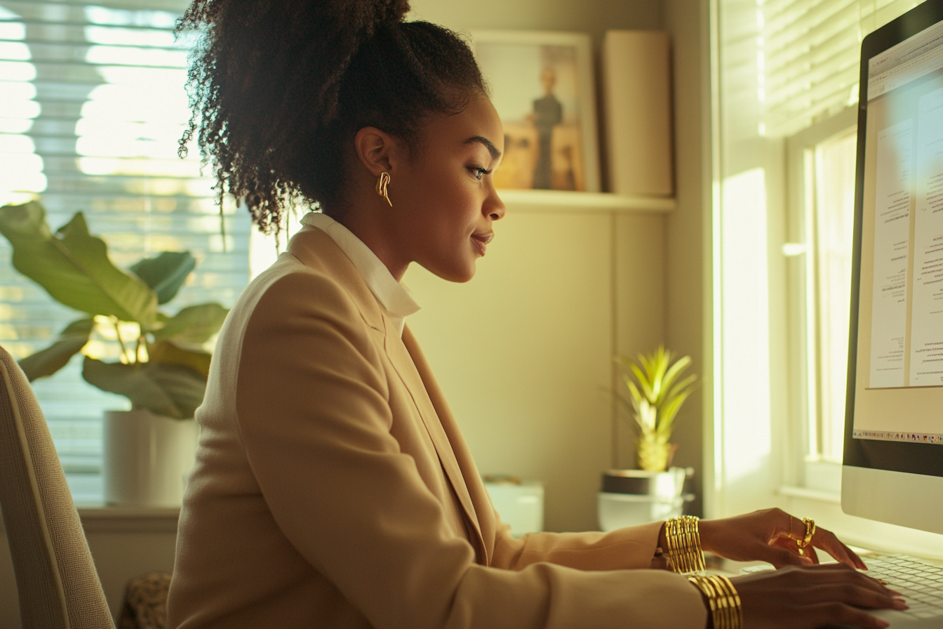 A woman working from home on her computer | Source: Midjourney