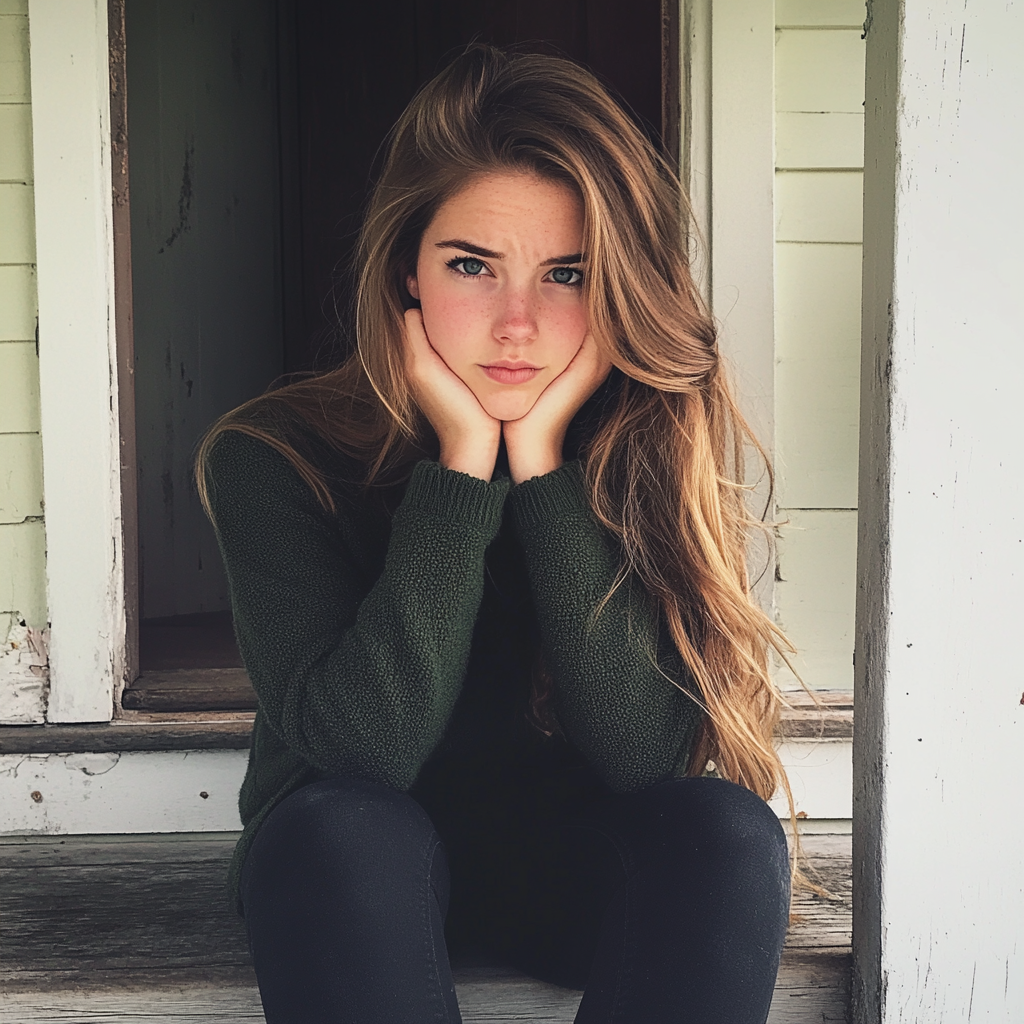 A young woman sitting on a porch step | Source: Midjourney
