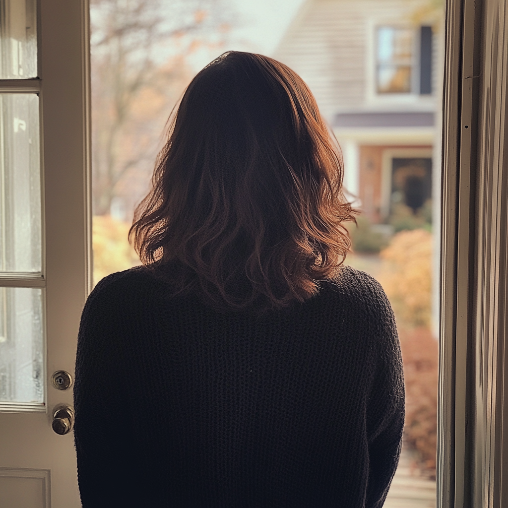 A woman walking out of a house | Source: Midjourney