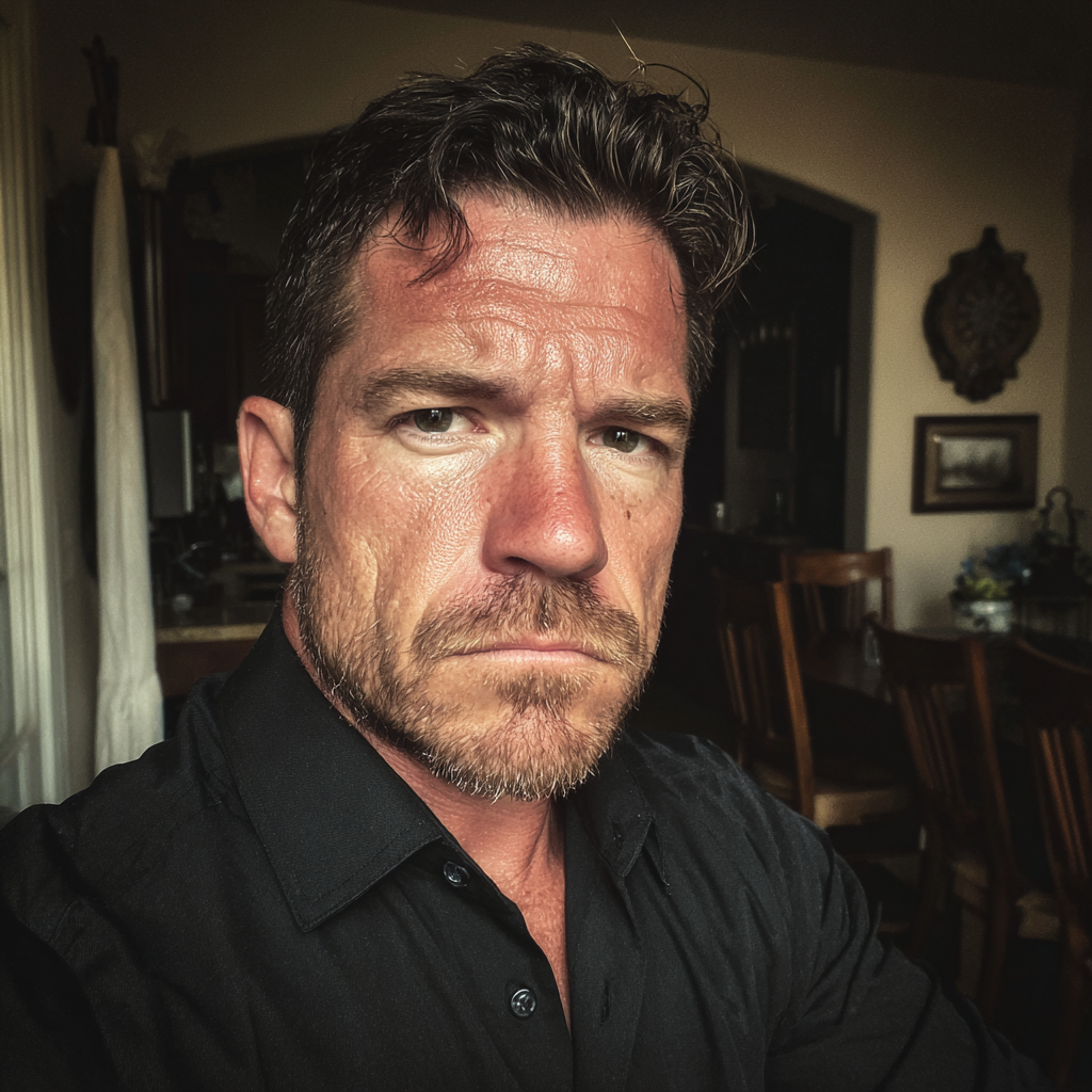 A frowning man wearing a black formal shirt | Source: Midjourney